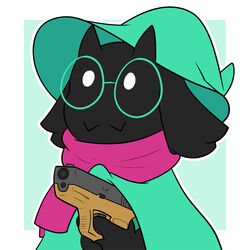  1:1 2018 better_version_at_source bovid bran-draws-things caprine clothing deltarune eyewear fangs glasses goat gun hat headgear headwear hi_res male mammal ralsei ranged_weapon scarf simple_background solo teeth undertale_(series) weapon 