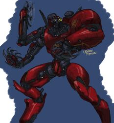  armor asymmetrical_arms blue_background character_name circular_saw commentary_request crimson_typhoon digitigrade english_text extra_arms jaeger_(pacific_rim) joints mecha no_humans one-eyed pacific_rim red_armor robot robot_joints saw science_fiction shion_humine simple_background white_background yellow_eyes 