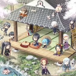  6+boys animal animal_on_head architecture armor artist_name black_hair blonde_hair blue_eyes blue_hair broom brown_hair chibi closed_eyes commentary_request east_asian_architecture fox gokotai gokotai&#039;s_tigers grey_hair hat horikawa_kunihiro ima-no-tsurugi iwatooshi izumi-no-kami_kanesada japanese_armor japanese_clothes jirou_tachi kousetsu_samonji male_focus menpoo mikazuki_munechika military military_uniform multiple_boys mutsu-no-kami_yoshiyuki naginata nakigitsune nakigitsune&#039;s_fox namazuo_toushirou noma_taoru on_head ootachi open_mouth polearm pond ponytail sayo_samonji smile swimming sword tarou_tachi tiger tiger_cub tokin_hat tonbokiri_(touken_ranbu) touken_ranbu uniform weapon white_hair white_tiger yagen_toushirou yellow_eyes 