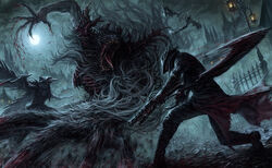  1boy battle blade_of_mercy blood blood_on_clothes blood_on_weapon bloodborne boots capelet cleric_beast cloak cloud commentary_request dual_wielding eileen_the_crow female full_moon gloves gun hat highres holding hunter_(bloodborne) mask monster moon night night_sky open_mouth plague_doctor ribs saw saw_cleaver short_hair sky tatsuya_(atelier_road) weapon 