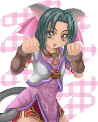  1041_(toshikazu) animal_ears bow brown_eyes cat_ears cat_pose female green_hair hairbow looking_at_viewer oerba_yun_fang paw_pose solo soul_calibur soulcalibur_ii standing tail talim 