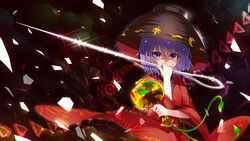  blush bobomaster bowl commentary covered_mouth covering_own_mouth female hat highres holding holding_needle japanese_clothes kimono mallet miracle_mallet needle obi photoshop_(medium) purple_eyes purple_hair sash shards short_hair solo sparkle sukuna_shinmyoumaru touhou wide_sleeves 