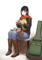  :t belt big_mac black_eyes black_hair black_jacket boots braid breasts brick_wall brown_footwear burger cheek_bulge commentary cup denim disposable_cup double-decker_hamburger_bun drinking_straw eating eyeliner fast_food female food french_fries full_body guitar_case highres holding holding_food instrument_case jacket jeans jun_(navigavi) knee_boots leather leather_boots leather_jacket long_hair long_sleeves looking_away makeup mcdonald&#039;s medium_breasts on_wall open_clothes open_jacket orange_scarf original pants scarf shirt side_braid simple_background sitting solo white_background yellow_shirt 