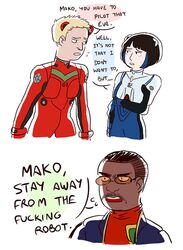  black_hair blonde_hair crossover dark_skin mako_mori mori_mako neon_genesis_evangelion pacific_rim parody plugsuit raleigh_becket stacker_pentecost 