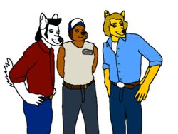  1970s 4:3 80&#039;s_theme belt blonde_hair bottomwear button_up canid canine canis clothing daryl_mccuiston denim denim_bottomwear denim_clothing dodge_mccuiston domestic_dog duct_tape dukes_of_hazzard earl_mccuiston facial_hair fur generalrusty78 hair hat headgear headwear jeans male mammal mullet pants paradise_university sideburns sleeveless tape terrible wolf yellow_body yellow_fur 