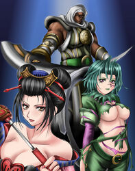  1041_(toshikazu) 1boy 2girls bare_shoulders black_hair breasts brown_eyes cleavage dark_skin geisha green_hair hair_ornament hair_up hood large_breasts looking_at_viewer mole multiple_girls oiran purple_eyes setsuka soul_calibur soulcalibur_iii tira tira_(soulcalibur) underboob weapon zasalamel 