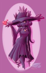  2016 alternate_species bellanette clothed clothing dress english_text fan_character female gem generation_4_pokemon hair hat headgear headwear heart_symbol hi_res humanoid humanoidized kissing latiar long_hair mismagius nintendo not_furry one_eye_closed pointy_feet pokemon pokemon_(species) pokemorph pose purple_background purple_body purple_hair purple_skin red_eyes simple_background solo text watermark wink yellow_sclera 