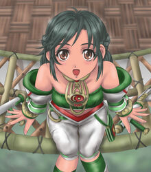  1041_(toshikazu) :d bare_shoulders bare_shouldrees brown_eyes female from_above green_hair looking_at_viewer lowres open_mouth sitting smile solo soul_calibur soulcalibur_ii talim tonfa weapon 