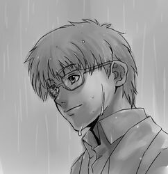  1boy commentary_request glasses greyscale light_smile male_focus monochrome original photoshop_(medium) portrait rain solo tukasa_(tank) 