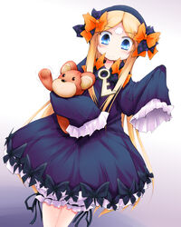  abigail_williams_(fate/grand_order) anbee_(arary) blonde_hair bloomers blue_eyes blue_hairband blush bow bug butterfly closed_mouth dress dutch_angle eyebrows_visible_through_hair facial_mark fate/grand_order fate_(series) female female forehead_mark gradient gradient_background hairband hairbow hands_up have_to_pee highres holding insects key legs_together long_hair long_sleeves orange_bow polka_dot polka_dot_bow purple_bow purple_dress simple_backgorund sleeves_past_fingers sleeves_past_wrists solo standing stuffed_animal stuffed_bear stuffed_toy sweat trembling underwear very_long_hair white_background white_bloomers 