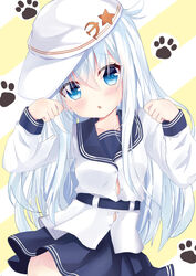  absurdres bad_id bad_pixiv_id belt black_skirt blue_eyes blush chestnut_mouth collarbone dombear dress_shirt female grey_hair hair_between_eyes hat head_tilt hibiki_(kancolle) highres kantai_collection long_hair looking_at_viewer miniskirt parted_lips paw_pose pleated_skirt shirt skirt solo standing striped striped_background verniy_(kancolle) very_long_hair white_hat white_shirt 