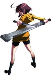  ahoge asymmetrical_dual_wielding bike_shorts black_footwear boots brown_hair dual_wielding female from_behind frown full_body highres holding hood hoodie knife linne_(under_night_in-birth) long_sleeves looking_back multiple_weapons official_art orange_shirt purple_eyes reverse_grip shirt short_hair sideways_mouth solo sword transparent_background under_night_in-birth weapon yellow_hoodie yoshihara_seiichi 