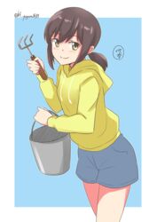  bucket commentary_request cowboy_shot female fubuki_(kancolle) gardening grey_shorts hood hood_down hooded_jacket jacket kantai_collection looking_at_viewer pale_skin ponytail rake short_hair short_ponytail shorts smile solo translated twitter_username yagara_(kishimen_f) 