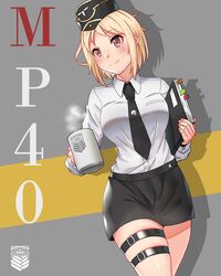  blonde_hair coffee coffee_mug commentary cup english_text female file girls&#039;_frontline hat highres hitch_(perotoss) military_hat mp40_(girls&#039;_frontline) mug necktie paper print_mug shirt skirt solo thigh_strap white_shirt 