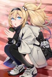  backpack bag blonde_hair blue_eyes cafe coat commentary_request cup disposable_coffee_cup disposable_cup escort_water_princess female gambier_bay_(kancolle) hair_between_eyes hair_ornament hairband highres kantai_collection looking_at_viewer open_mouth own_hands_together penguin_hair_ornament ponytail scarf shoes sitting sneakers solo stairs thighhighs winter yunamaro zettai_ryouiki 