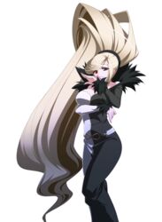  big_hair black_eyes blonde_hair breasts cleavage dress female fur_trim heterochromia high_ponytail highres hilda_(under_night_in-birth) large_breasts lipstick long_hair long_sleeves makeup official_art ojou-sama_pose purple_lips red_eyes sneer solo transparent_background under_night_in-birth very_long_hair yoshihara_seiichi 