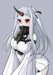  abyssal_ship blush breasts commentary_request cowboy_shot female hair_ribbon highres horns kantai_collection kuronekozero large_breasts long_hair looking_at_viewer open_mouth ponytail red_eyes ribbon seaport_princess single_horn solo white_hair 