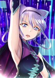  arm_up armpits blue_background blue_eyes cape commentary_request cone_hair_bun female hair_bun hair_rings highres hugtto!_precure looking_at_viewer multicolored_eyes open_mouth precure purple_eyes purple_hair ruru_amour short_hair solo upper_body zakuro0508 