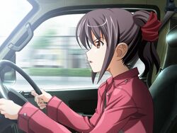  brown_eyes car female game_cg isurugi_chie katakura_shinji kira_kira motor_vehicle purple_hair vehicle 