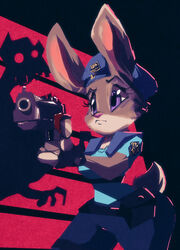  2016 anthro capcom clothing cosplay costume crossover disney female fur grey_body grey_fur gun handgun hat headgear headwear holding_object jill_valentine judy_hopps lagomorph leporid long_ears mammal pistol police purple_eyes rabbit ranged_weapon resident_evil riendonut solo tight_clothing undead uniform weapon wide_hips zombie zootopia 