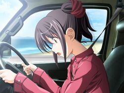  brown_eyes car female game_cg isurugi_chie katakura_shinji kira_kira motor_vehicle purple_hair vehicle 