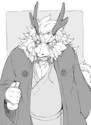  alcohol anthro asian_mythology barbel_(anatomy) beverage blush clothing dragon drunk east_asian_mythology eastern_dragon flesh_whiskers horn kemono kmd023 male mature_anthro mature_male monochrome mythological_creature mythological_scalie mythology scalie solo substance_intoxication 