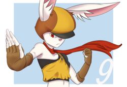  2018 anthro breasts clothed clothing dragon_ball dragon_ball_super eyelashes female fur gloves handwear hat headgear headwear kinglikeme lagomorph leporid looking_at_viewer mammal rabbit red_eyes scarf simple_background small_breasts solo sorrel white_body white_fur 