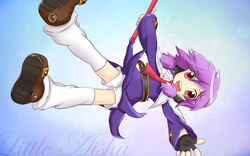  aisha_landar blue_background character_name commentary_request elsword female fingerless_gloves full_body gloves hair_tubes highres holding holding_wand joko_jmc magician_(elsword) necktie pink_eyes purple_hair purple_skirt shoes short_hair shorts shorts_under_skirt skirt smile solo thighhighs wand white_thighhighs 