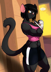  2016 abs alternate_hairstyle anthro biceps biped black_body black_fur black_hair blush bottomwear breasts chalo cleavage clothed clothing dialogue domestic_cat english_text felid feline felis female fur hair hand_wraps inner_ear_fluff las_lindas mammal midriff muscular muscular_anthro muscular_female pink_nose rachael_saleigh shirt short_hair shorts solo standing tail tank_top text thick_thighs topwear tuft wraps yellow_eyes 