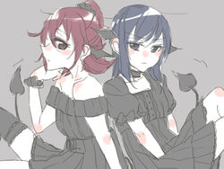  2girls aida_mana alternate_costume back-to-back bare_shoulders black_dress blue_hair commentary_request demon_girl demon_tail dokidoki!_precure dress head_wings hishikawa_rikka long_hair multiple_girls photoshop_(medium) pink_hair precure short_hair simple_background sorato_(astllatte) tail thighhighs wings 