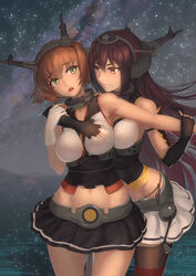  2girls \||/ absurdres bad_id bad_pixiv_id bare_shoulders black_gloves black_hair blush breasts brown_hair brown_legwear buoy cowboy_shot dancing fingerless_gloves fog garter_straps gloves grabbing grabbing_another&#039;s_breast grabbing_from_behind green_eyes hairband headgear highleg highleg_panties highres holding_another&#039;s_arm hug hug_from_behind kantai_collection large_breasts long_hair looking_at_another microskirt midriff milky_way multiple_girls mutsu_(kancolle) nagato_(kancolle) navel night night_sky nuwangyang_(930426) open_mouth outdoors outstretched_arm panties photoshop_(medium) pleated_skirt red_eyes short_hair side-tie_panties skirt sky smile snow standing star_(sky) thighhighs underwear water white_gloves yuri zettai_ryouiki 