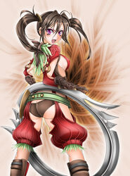  1041_(toshikazu) :d ass blade brown_hair brown_panties female from_behind jewelry long_hair looking_at_viewer looking_back mole oerba_yun_fang open_mouth panties purple_eyes ring smile solo soul_calibur soulcalibur_iv standing tira tira_(soulcalibur) twintails underwear weapon 