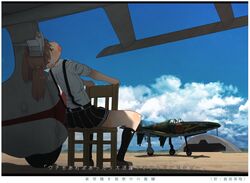  2girls aircraft airfield airplane bad_id bad_twitter_id black_hair blue_sky brown_eyes brown_hair chair cloud commentary d3a day fairy_(kancolle) from_behind hangar j7w_shinden kantai_collection kitsuneno_denpachi kneehighs landing_gear looking_at_viewer looking_back multiple_girls open_mouth pleated_skirt propeller ryuujou_(kancolle) shadow shinden_(kancolle) shirt sitting skirt sky socks suspenders translated twintails vehicle_focus visor_cap white_shirt 