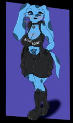  2018 alternative_fashion anthro anthrofied big_breasts blue&#039;s_clues blue_(blue&#039;s_clues) blue_eyes blush body_blush boots breast_blush breasts canid canine canis cleavage clothed clothing collar conditional_dnp domestic_dog ear_piercing english_text female footwear goth hand_in_pocket hi_res huge_breasts long_ears looking_at_viewer makeup mammal nickelodeon piercing pockets simple_background solo suirano text wide_hipped_female wide_hips 