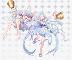  2girls :d absurdly_long_hair ahoge angel bare_shoulders barefoot bell bell_earrings bellringer_angel blue_eyes blue_footwear blue_hair bracer closed_eyes commentary_request cosplay costume_switch dress earrings granblue_fantasy hair_ornament hairclip halo highres jewelry kai16342215 long_hair lyria_(granblue_fantasy) midair multiple_girls open_mouth photoshop_(medium) shadowverse smile standing standing_on_one_leg thighlet trait_connection very_long_hair white_dress wings 