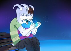  anthro asriel_dreemurr blue_background blue_eyes blue_fire blush boss_monster_(undertale) bottomwear bovid brother_(lore) brothers_(lore) caprine closed_eyes clothed clothing colored_fire conditional_dnp crybleat cuddling denim denim_bottomwear denim_clothing detailed_background duo fangs fire frisk_(undertale) fur hand_holding heart_symbol hi_res horn hug jeans jewelry long_ears male mammal necklace pants polo_shirt shirt sibling_(lore) simple_background sitting teeth topwear undertale undertale_(series) unknown_artist water white_body white_fur 