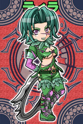  1041_(toshikazu) blade breasts character_name cleavage female green_hair grin jewelry looking_at_viewer lowres mole purple_eyes ring smile solo soul_calibur soulcalibur_iii standing tira tira_(soulcalibur) weapon 