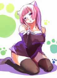  animal_ears bare_shoulders black_dress black_thighhighs cat_ears commentary_request dress female head_tilt long_sleeves looking_at_viewer md5_mismatch mole mole_on_nose original over-kneehighs paw_print pink_eyes pink_hair pose sitting smoke_(flyx21) solo strapless strapless_dress thighhighs v wariza 