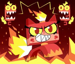  2018 angry_kitty animate_inanimate cartoon_network digital_media_(artwork) driosawm felid feline feral fire forked_tongue hi_res lego lego_brick mammal open_mouth red_body red_eyes teeth the_lego_movie tongue unikitty unikitty! yellow_sclera 