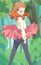  aqua_hairband ass black_pantyhose closed_mouth female forest hairband haruyama_kazunori hugtto!_precure ichijou_ranze long_sleeves looking_at_viewer looking_to_the_side nature orange_eyes pantyhose pink_skirt precure short_hair skirt smile solo standing tree 