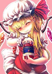  bad_id bad_pixiv_id blonde_hair blush closed_eyes closed_mouth commentary english_text engrish_text female flandre_scarlet food frilled_hat frilled_sleeves frills fruit hat hat_ribbon highres jam jar long_hair maru_daizu_(aqua6233) mob_cap pink_background puffy_short_sleeves puffy_sleeves ranguage red_ribbon red_vest ribbon short_sleeves solo strawberry strawberry_jam touhou trembling upper_body vest white_hat wings wrist_cuffs 