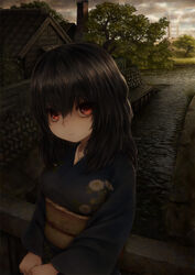  aratagawa_nikei black_hair brown_theme commentary_request dark expressionless eye_focus female floral_print hair_between_eyes japanese_clothes kimono kirishima_sagiri long_hair long_sleeves looking_at_viewer obi orange_eyes outdoors print_kimono river sash smokestack solo tree ukagaka village wide_sleeves 