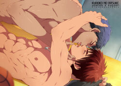  2boys abs aomine_daiki artist_collaboration ball bara basketball_(object) blue_hair boy_on_top character_name commentary copyright_name dark-skinned_male dark_skin english_commentary eye_contact hair_between_eyes hand_on_another&#039;s_head imminent_kiss jewelry kagami_taiga kuroko_no_basuke light_blush looking_at_another lying male_focus mazjojo mikkoukun multiple_boys muscular muscular_male necklace nipples nude on_floor open_mouth pectorals red_hair short_hair yaoi zamius 