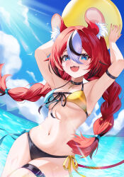  :3 :d absurdres animal_ears ball beachball bikini black_bikini_bottom black_choker black_hair blue_bikini blue_sky blush braid breasts choker cleavage cloud female hakos_baelz highres holding holding_ball holding_beachball hololive hololive_english jin_kemi long_hair looking_at_viewer medium_breasts mouse_ears mouse_girl mouse_tail multicolored_hair nail_polish oerba_yun_fang open_mouth red_hair red_nails sky smile solo streaked_hair swimsuit tail twin_braids two-tone_bikini virtual_youtuber water white_hair yellow_bikini 