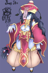  black_hair blue_skin braid braided_ponytail breasts brown_pants closed_mouth colored_skin commentary_request detached_pants detached_sleeves dress female fingernails full_body gold_trim hair_ribbon hat jiangshi jiangshi_(monster_girl_encyclopedia) large_breasts long_hair looking_at_viewer monster_girl_encyclopedia ofuda one_eye_covered pants pelvic_curtain purple_background purple_nails qingdai_guanmao red_dress red_hat red_ribbon red_sleeves ribbon sidelocks simple_background single_braid smile solo standing tokamaku very_long_hair wide_sleeves yin_yang yin_yang_print 