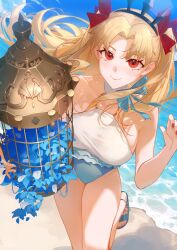  absurdres beach blonde_hair blue_footwear breasts cage collarbone commentary curtained_hair day fate/grand_order fate_(series) female frilled_one-piece_swimsuit frills from_above highres holding holding_cage large_breasts long_hair looking_at_viewer looking_up nail_polish one-piece_swimsuit outdoors red_eyes red_nails sandals serelith smile solo space_ereshkigal_(first_ascension)_(fate) standing standing_on_one_leg swimsuit two-tone_one-piece_swimsuit 