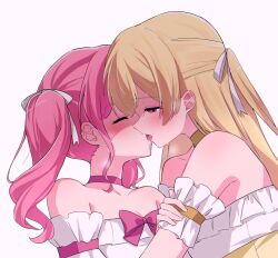  2girls animal_ears bang_dream! bare_shoulders blonde_hair blush choker closed_eyes commentary dress french_kiss hair_ribbon hand_on_another&#039;s_arm highres kissing long_hair maruyama_aya meu203 multiple_girls pink_choker pink_hair purple_eyes ribbon shirasagi_chisato simple_background strapless strapless_dress sweat tongue twintails upper_body white_background white_dress white_ribbon yellow_choker yuri 