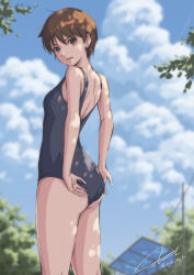  absurdres adjusting_clothes adjusting_swimsuit artist_name back_cutout black_one-piece_swimsuit brown_eyes brown_hair clothing_cutout cloud cloudy_sky cumulonimbus_cloud female from_behind highres kasugano_sakura one-piece_swimsuit outdoors parted_lips short_hair signature sky solo standing street_fighter swimsuit teeth tree tyanoki upper_teeth_only 