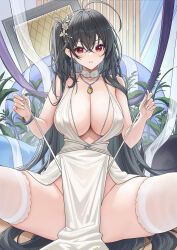  ahoge azur_lane bare_shoulders black_hair breasts catsmoon dress earrings female garter_straps hair_between_eyes hair_ornament highres jewelry long_hair looking_at_viewer necklace official_alternate_costume red_eyes sleeveless sleeveless_dress solo spread_legs taihou_(azur_lane) taihou_(temptation_on_the_sea_breeze)_(azur_lane) thighhighs very_long_hair white_dress white_thighhighs 