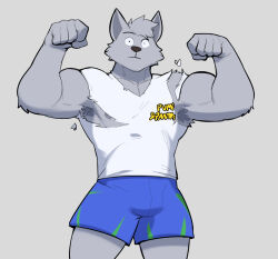  5_fingers anthro armpit_hair big_muscles black_nose blue_bottomwear blue_clothing blue_shorts body_hair bones_(pump_&amp;_pantry) bottomwear canid canine canis clothing fingers fist flexing flexing_bicep flexing_both_biceps fur grey_body grey_fur grey_nipples hi_res jrjresq looking_at_viewer male mammal mascot muscular muscular_anthro muscular_male nipples one_eye_closed portrait pump_&amp;_pantry shirt shorts solo standing t-shirt text three-quarter_portrait topwear torn_clothing torn_shirt torn_topwear v-neck white_clothing white_shirt white_t-shirt white_topwear wide_eyed wink wolf yellow_text 